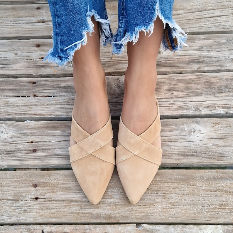 Suede Leather mules for women, beige loafers, suede slippers, Greek moccasins, slip on flats, pointy mules, women flat shoes, low heel flats image 2