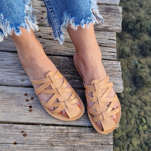 Handmade Leather Fisherman Sandals, Leather closed toe caged sandals, barefoot summer flats, Comfortable Fisherman mules, slip on flats image 1