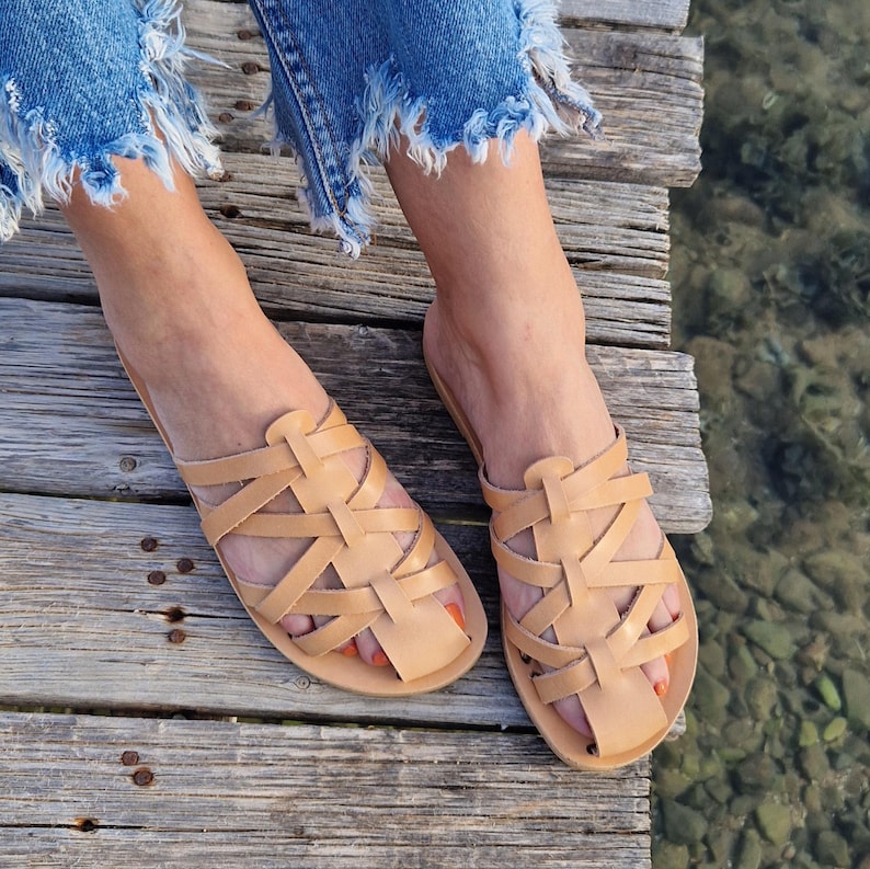 Handmade Leather Fisherman Sandals, Leather closed toe caged sandals, barefoot summer flats, Comfortable Fisherman mules, slip on flats image 1
