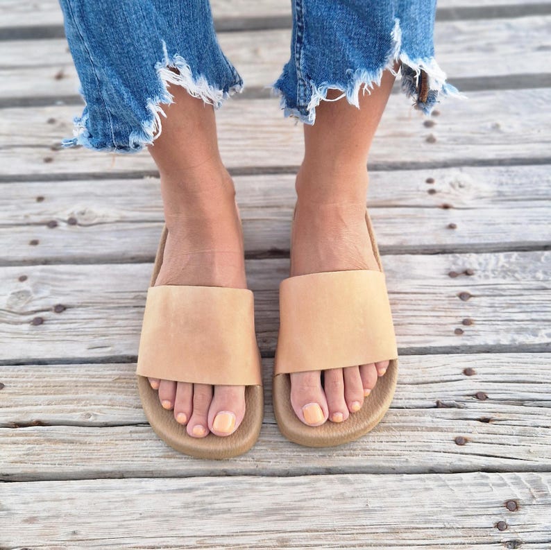 Black Slider sandals, Greek Leather sandals for women, Pool Slider, Mules, Comfortable flat shoes, Gladiators, Black Leather summer flats, image 9