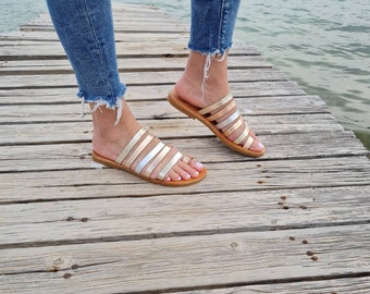 Gold Strappy Leather Sandals, Slip on Greek Sandals, Greek Gladiator Sandals, Handmade sandals, Beach sandals,