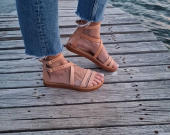 Sandales spartiates, sandales en cuir à fermeture éclair, sandales grecques faites main, sandales pour femmes, sandales en cuir pour femmes, sandales aux pieds nus, chaussures d'été