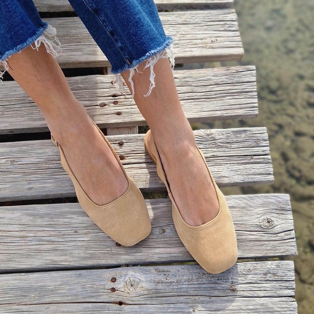 Beige Ballet Flats, Ballerina Slingback Shoes, Mule Shoes Women, Leather  Slippers, Square Toe Ballet Flats, Women Flat Shoes, Handmade Shoes 