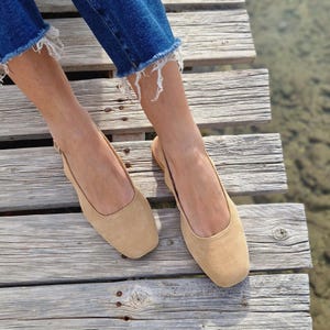 Beige Ballet Flats, Ballerina Slingback shoes, Mule shoes women, Leather Slippers, Square toe Ballet flats, Women Flat Shoes, Handmade shoes
