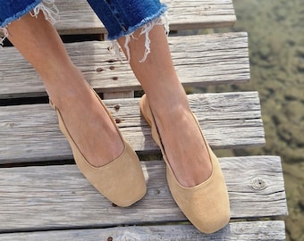 Beige Ballet Flats, Ballerina Slingback shoes, Mule shoes women, Leather Slippers, Square toe Ballet flats, Women Flat Shoes, Handmade shoes