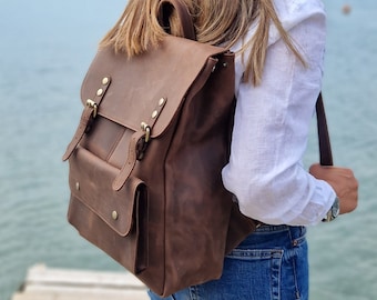 Handmade Brown Leather Backpack, School bag, Magnetic closure,Laptop bag, Men's Backpack, Women's Backpack,  Leather satchel, Unisex Bag