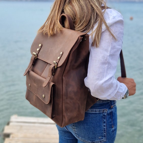 Handmade Brown Leather Backpack, Unisex Laptop Bag, Magnetic  display picture 2