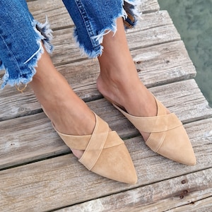 Suede Leather mules for women, beige loafers, suede slippers, Greek moccasins, slip on flats, pointy mules, women flat shoes, low heel flats Cognac suede