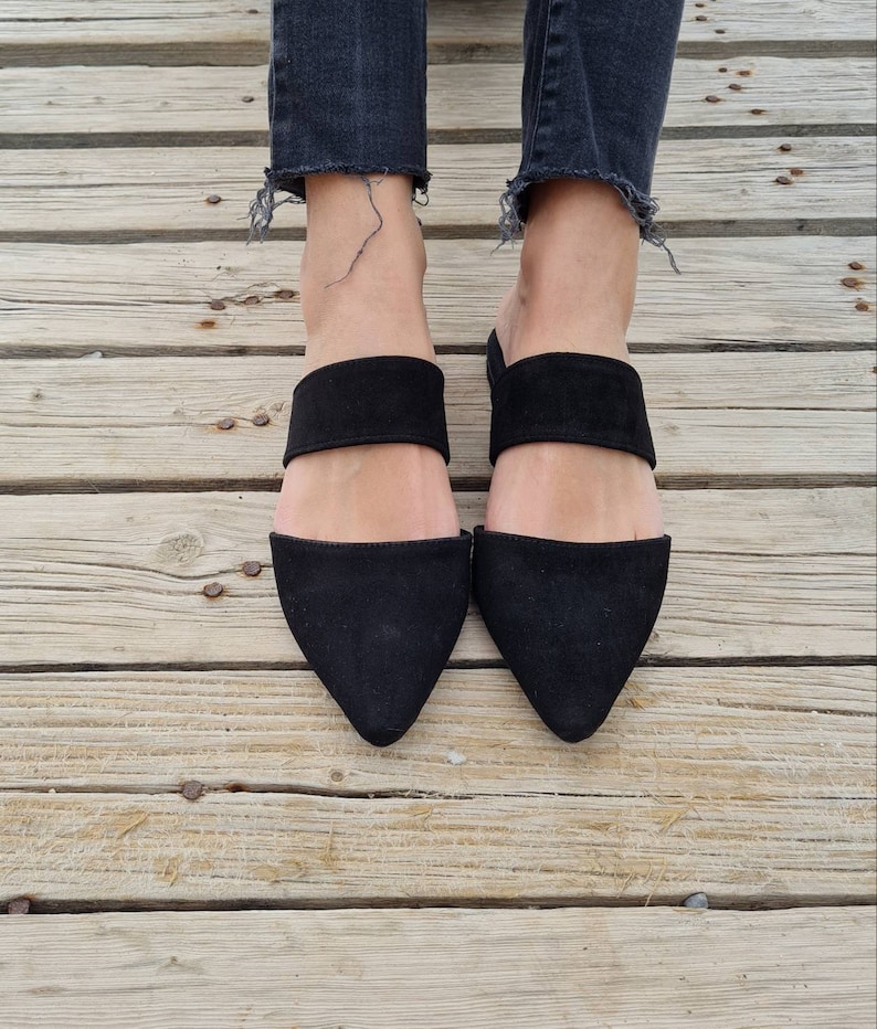 Leather suede mules, black leopard shoes, Greek leather moccasins for women, slip on flats, pointy mules, Women's loafers, soft leather Black