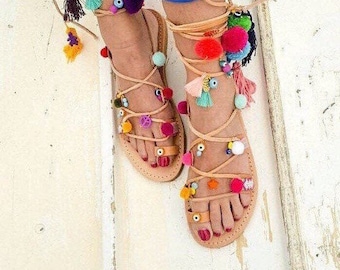 Pom Pom Decorated Greek Leather Sandals for women, Handmade Boho Tie Up Flats, Tie up Summer shoes decorated with colorful pom poms. Women&#39;s