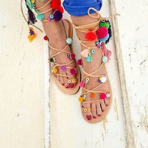 Pom Pom Decorated Greek Leather Sandals for Women Handmade Etsy