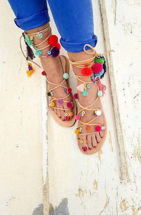 komfortabel Hvad areal Pom Pom Decorated Greek Leather Sandals for Women Handmade - Etsy Australia