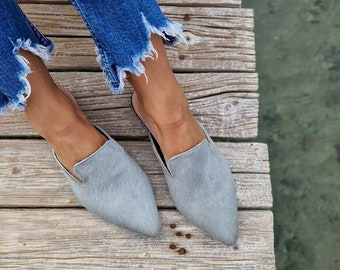 Grey Leather mules for women, handmade cow hair print slippers, Greek moccasins, slip on flats, pointy mules, women flat shoes, winter