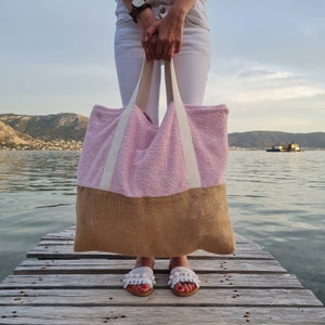 Pink Terry Beach Bag for women, Reversible towel bag perfect for the beach,Summer Shopper Bag,Bohemian Bag, Floral Beach Bag, inside pocket,