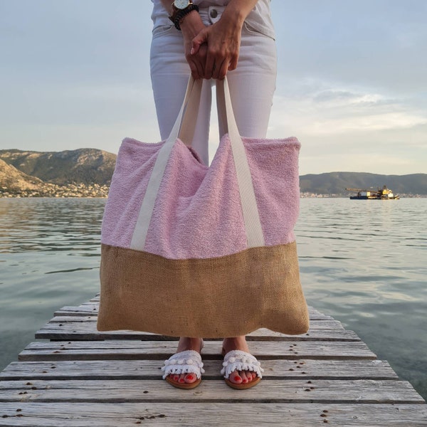 Pink Terry Beach Bag for women, Reversible towel bag perfect for the beach,Summer Shopper Bag,Bohemian Bag, Floral Beach Bag, inside pocket,