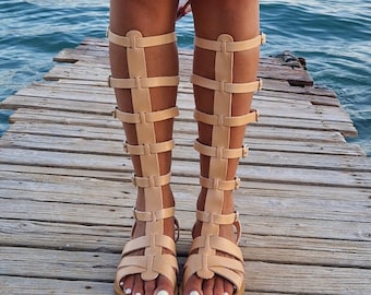 Sandali gladiatore alti fino al ginocchio con cinturini per donna, sandali greci in pelle, sandali romani, scarpe basse aperte da donna, scarpe basse da sposa