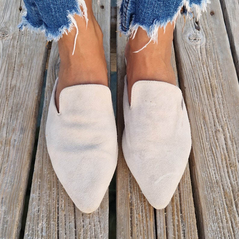 Leather mules, beige loafers, beige slippers, Greek leather moccasins, slip on flats, pointy mules, Women's loafers, soft leather image 5