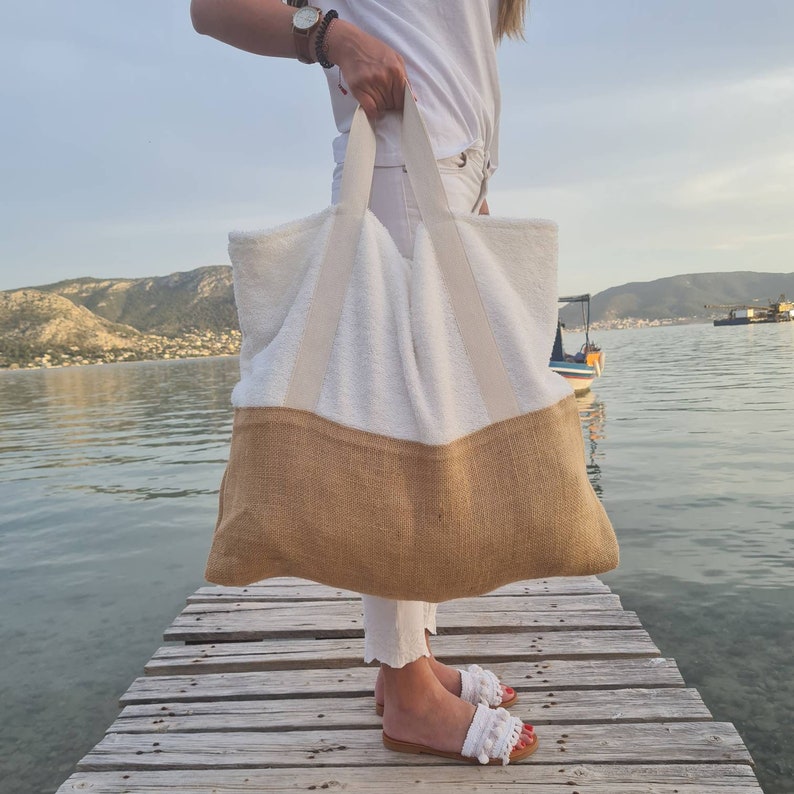 Terry Fabric Beach Bag for women, Reversible towel bag, Summer Beach Handbag,women bag, large floral Beach Bag with inside pocket,Handmade image 2