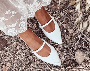 Handmade White Leather Bridal Mules, Pointy Wedding Flats