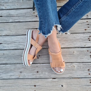 Fringed  Wedge Shoes for women, Greek Leather Sandals with Platform, Platform Leather Sandals, Greek Sandals, Buckle Sandals, Women flats