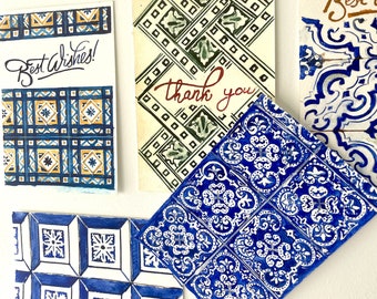 Set of Postcards, Lisbon Painting Original Watercolor Painting Azulejo painting native Portugal ornaments, authentic Lisbon patterns
