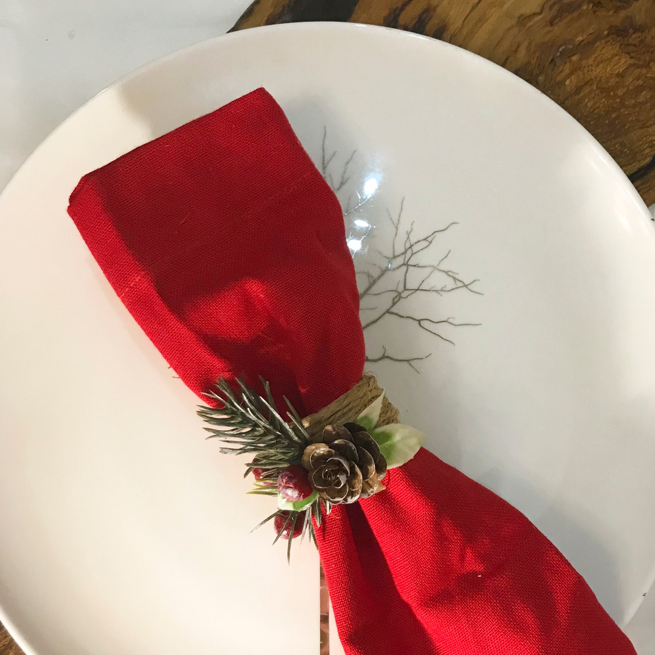 Burlap Christmas red napkin rings with pines and berries Etsy