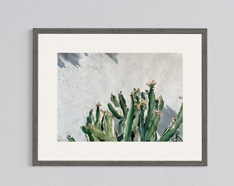 Beau cactus vert vif avec des fleurs rouges sur le mur blanc, aquarelle florale originale, verdure printanière, art de la décoration intérieure