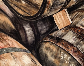 May include: A close-up of three wooden barrels stacked on top of each other. The barrels are made of brown wood and have metal bands around them. The top barrel has a faded label with the text "SBS 2-1-19".