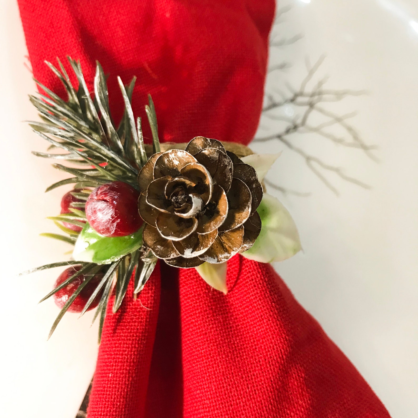 Burlap Christmas red napkin rings with pines and berries Etsy