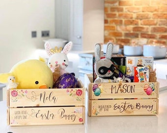 Personalised Wooden Easter Crate/Box  (Contents Not Included)- UV Printed - For Children - Easter Bunny, Easter Eggs Gifts Bespoke Custom