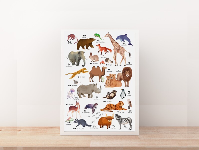 May include: A colorful alphabet chart featuring animals from A to Z. Each animal is illustrated with a watercolor style and labeled with its German name and the corresponding letter. For example, "Aa - der Affe" (the monkey).