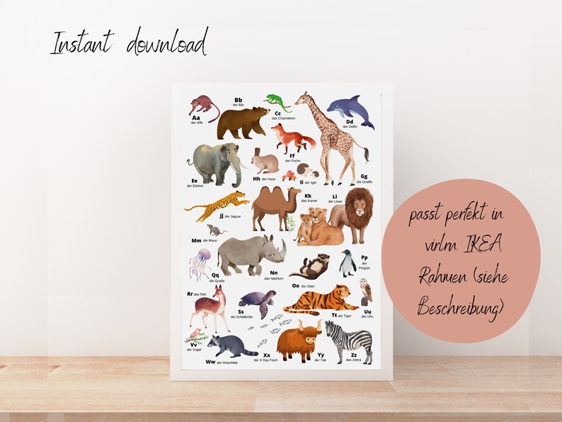 May include: A colorful alphabet chart featuring animals from A to Z. Each animal is illustrated with a watercolor style and labeled with the corresponding letter and German word for the animal. The chart is designed to fit in an IKEA frame.