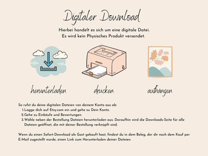 May include: Digital download instructions with illustrations of a download arrow, a printer, and a picture frame. The text says "Digital Download" and explains how to download digital files from Etsy.