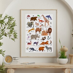 May include: A colorful alphabet chart featuring illustrated animals from A to Z. Each animal is labeled with its name and the corresponding letter. The chart is printed on white paper and framed in a simple wooden frame.