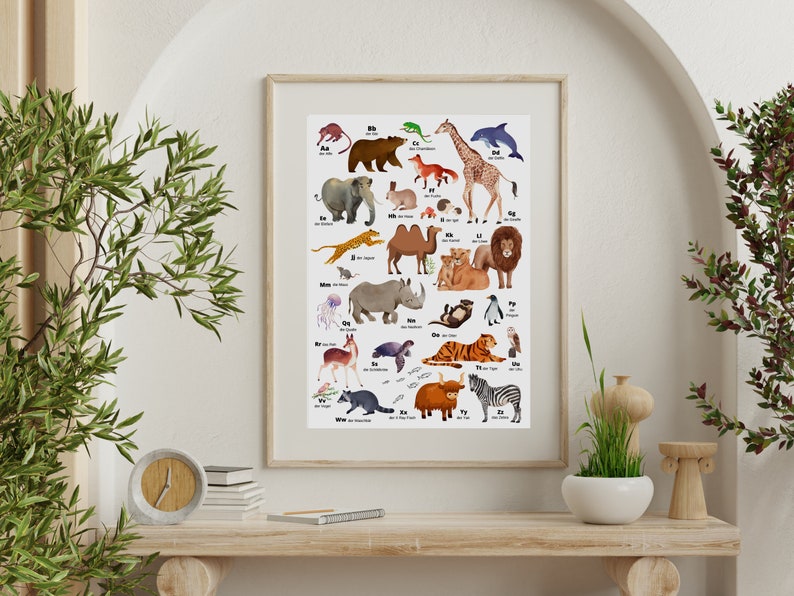 May include: A colorful alphabet chart featuring illustrated animals from A to Z. Each animal is labeled with its name and the corresponding letter. The chart is printed on white paper and framed in a simple wooden frame.