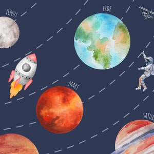 May include: A watercolor illustration of the solar system with planets, a rocket, an astronaut, and stars on a dark blue background. The planets are labeled with their names in English, including Earth, Mars, Venus, Jupiter, and Saturn.