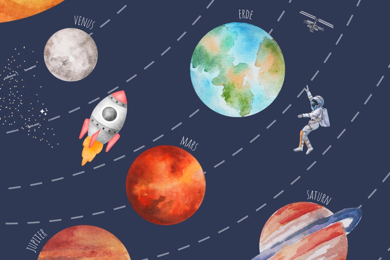 May include: A watercolor illustration of the solar system with planets, a rocket, an astronaut, and stars on a dark blue background. The planets are labeled with their names in English, including Earth, Mars, Venus, Jupiter, and Saturn.