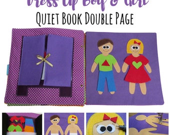 May include: A felt quiet book double page with a purple background and white polka dots. The left page has a purple felt closet with a gold ribbon and a pocket for clothes. The right page has a boy and girl doll with felt clothes. The text "Dress Up Boy & Girl QUIET BOOK DOUBLE PAGE" is at the top of the page.