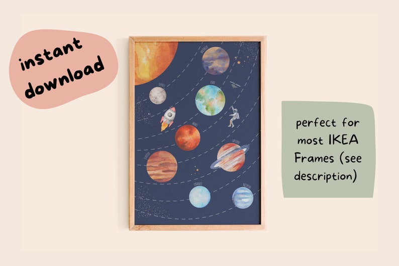 May include: A watercolor illustration of the solar system with planets, a rocket, and an astronaut. The planets are depicted in a circular pattern on a dark blue background with white stars. The illustration is framed in a light wood frame.