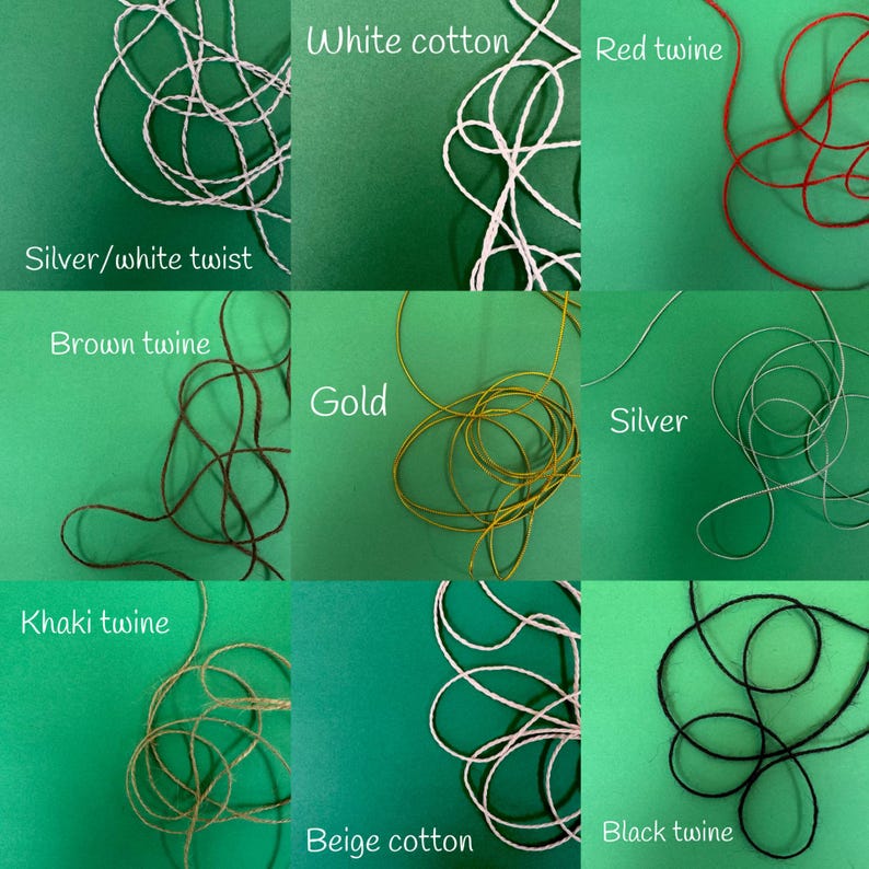 May include: A collection of nine different types of twine and cotton thread against a green background. The image includes silver/white twist, white cotton, red twine, brown twine, gold, silver, khaki twine, beige cotton, and black twine. Each is labeled with its name.
