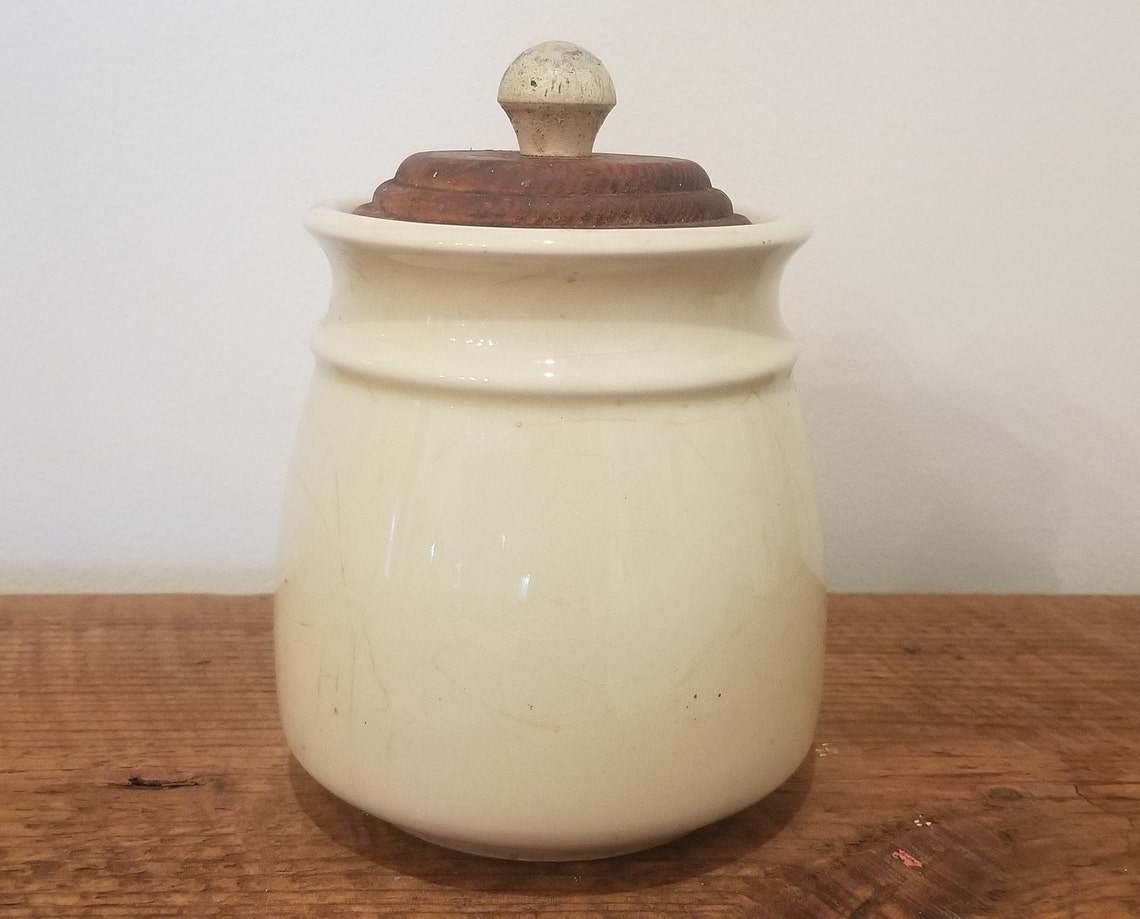 Vintage Sugar Crock Canister with Wooden Lid Farmhouse Style Etsy