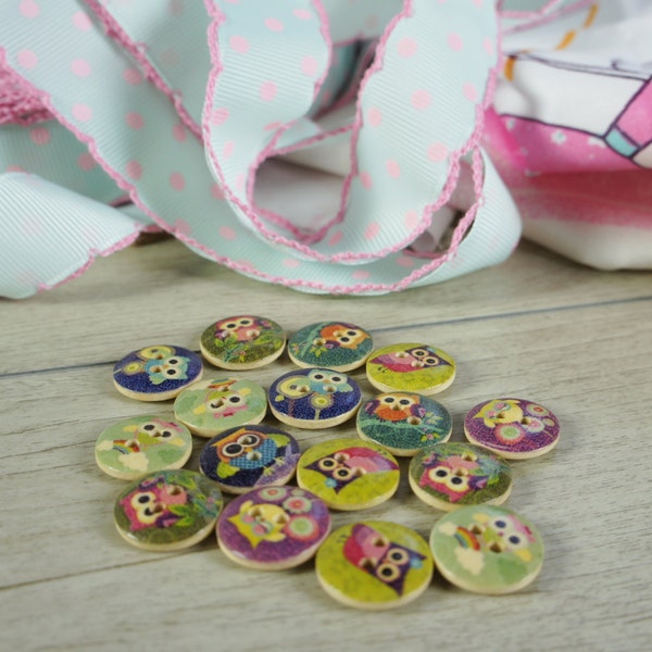 20 Pcs Wood button mixed, Sewing Buttons, Scrapbooking button, Painted Button, wood buttons cute owl, 15mm button, Zakka button,