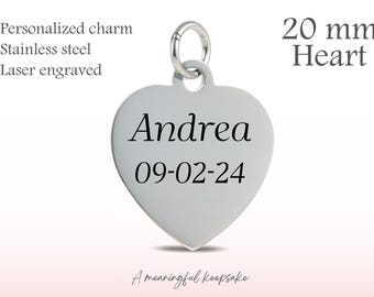Personalized 20mm Heart Stainless Steel Charm – Laser Engraved Jewelry Charm, Custom Design
