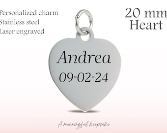 Personalized 20mm - Heart Stainless Steel Charm – Laser Engraved Jewelry Charm, Custom Design