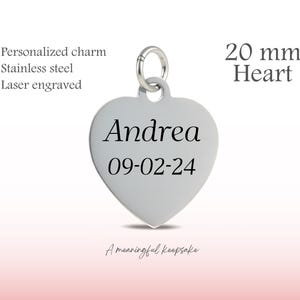 Charm personalizado de acero inoxidable con forma de corazón de 20 mm – Charm de joyería grabado con láser, diseño personalizado
