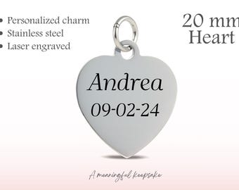 Personalized 20mm - Heart Stainless Steel Charm – Laser Engraved Jewelry Charm, Custom Design