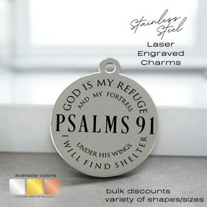 Engraved Charm – “Psalm 91” Christian Bible Verse Jewelry, Inspirational Religious Gift, laser engraved, stainless steel, engraved disc