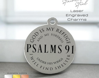 Engraved Charm – “Psalm 91” Christian Bible Verse Jewelry, Inspirational Religious Gift, laser engraved, stainless steel, engraved disc
