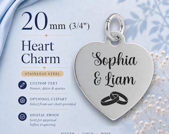 Personalized 20mm - Heart Stainless Steel Charm – Laser Engraved Jewelry Charm, Custom Design