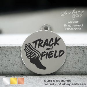 May include: Stainless steel charm with a black and white design of a winged foot and the text "TRACK and FIELD".